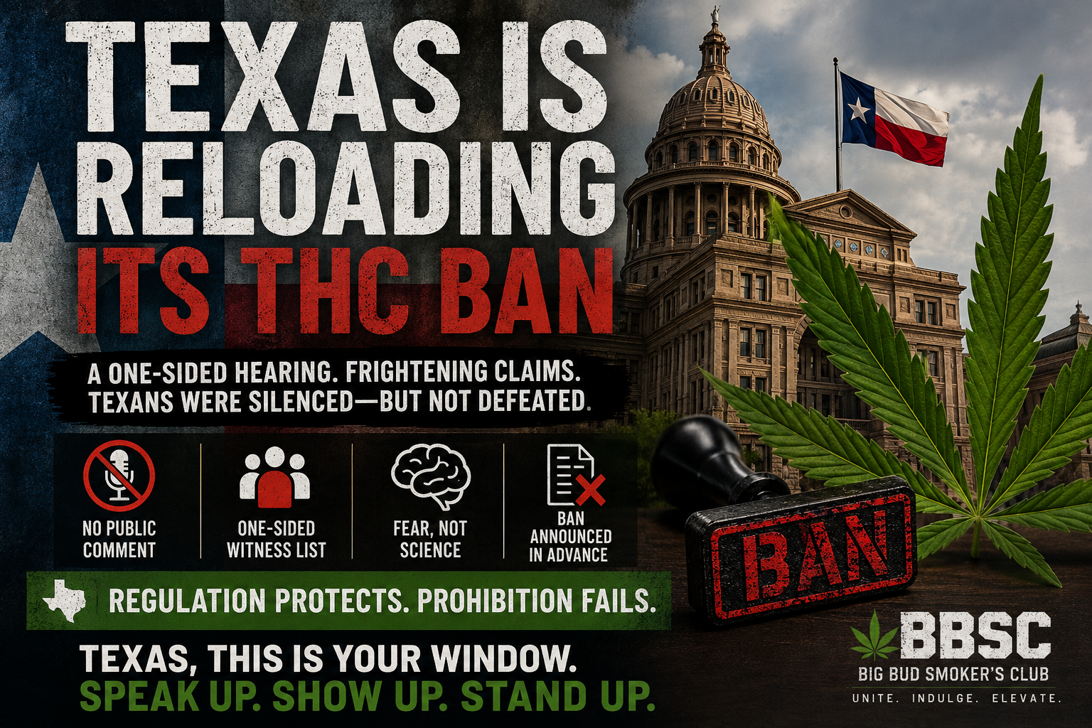 BBSC Fire Blog artwork reading Texas is reloading its THC ban, with the Texas Capitol, a cannabis leaf, ban stamp and regulation-versus-prohibition advocacy messaging.