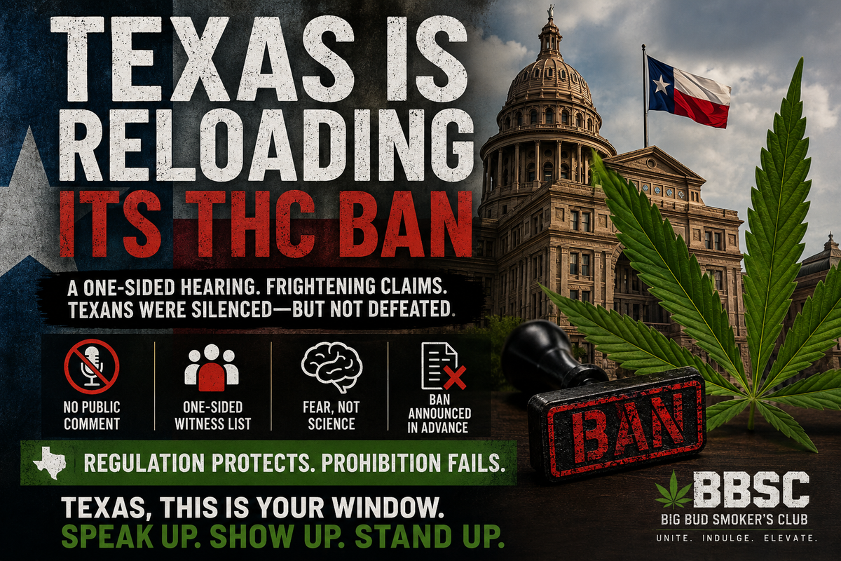 BBSC Fire Blog artwork reading Texas is reloading its THC ban, with the Texas Capitol, a cannabis leaf, ban stamp and regulation-versus-prohibition advocacy messaging.