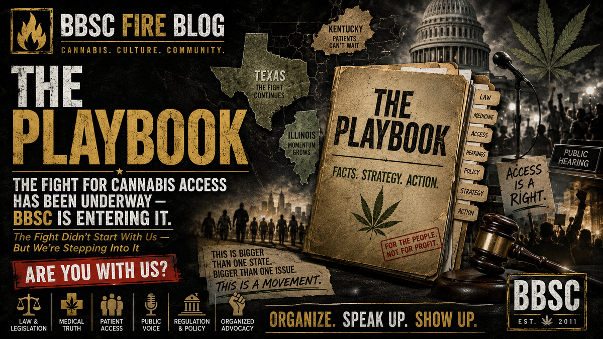 BBSC Fire Blog artwork titled The Playbook, showing a cannabis access advocacy file, state maps, a public hearing microphone, Capitol imagery and organize-speak-up-show-up messaging.