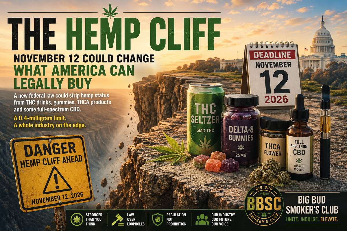 BBSC Fire Blog cover artwork titled The Hemp Cliff, showing THC seltzer, delta-8 gummies, THCA flower, full-spectrum CBD, a November 12, 2026 deadline calendar, the U.S. Capitol, and a warning sign reading hemp cliff ahead.