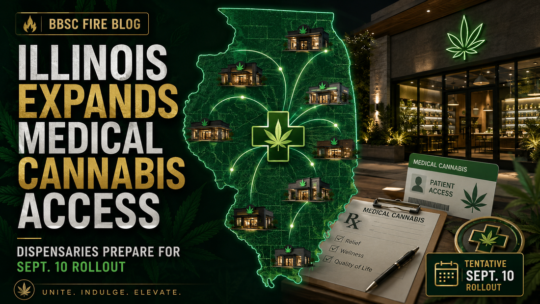 BBSC Fire Blog graphic showing an Illinois map, connected dispensaries and a medical cannabis symbol for the tentative September 10 medical-access rollout.