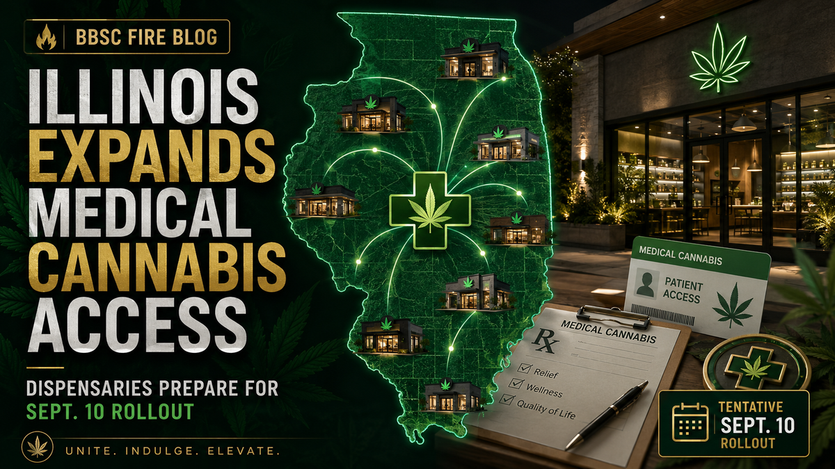 BBSC Fire Blog graphic showing an Illinois map, connected dispensaries and a medical cannabis symbol for the tentative September 10 medical-access rollout.