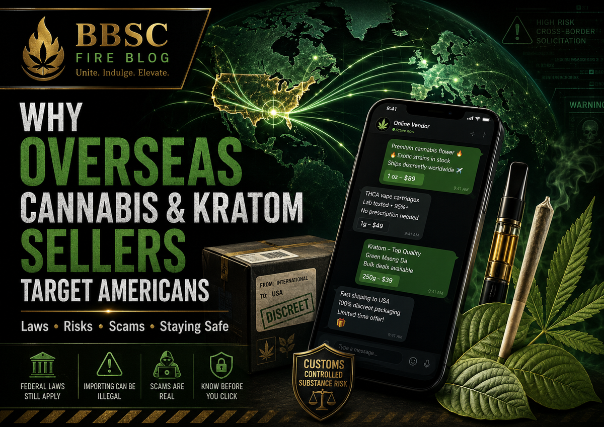 BBSC Fire Blog cover art showing a phone solicitation, international package, cannabis and kratom imagery, and warnings about cross-border cannabis and kratom seller risks.