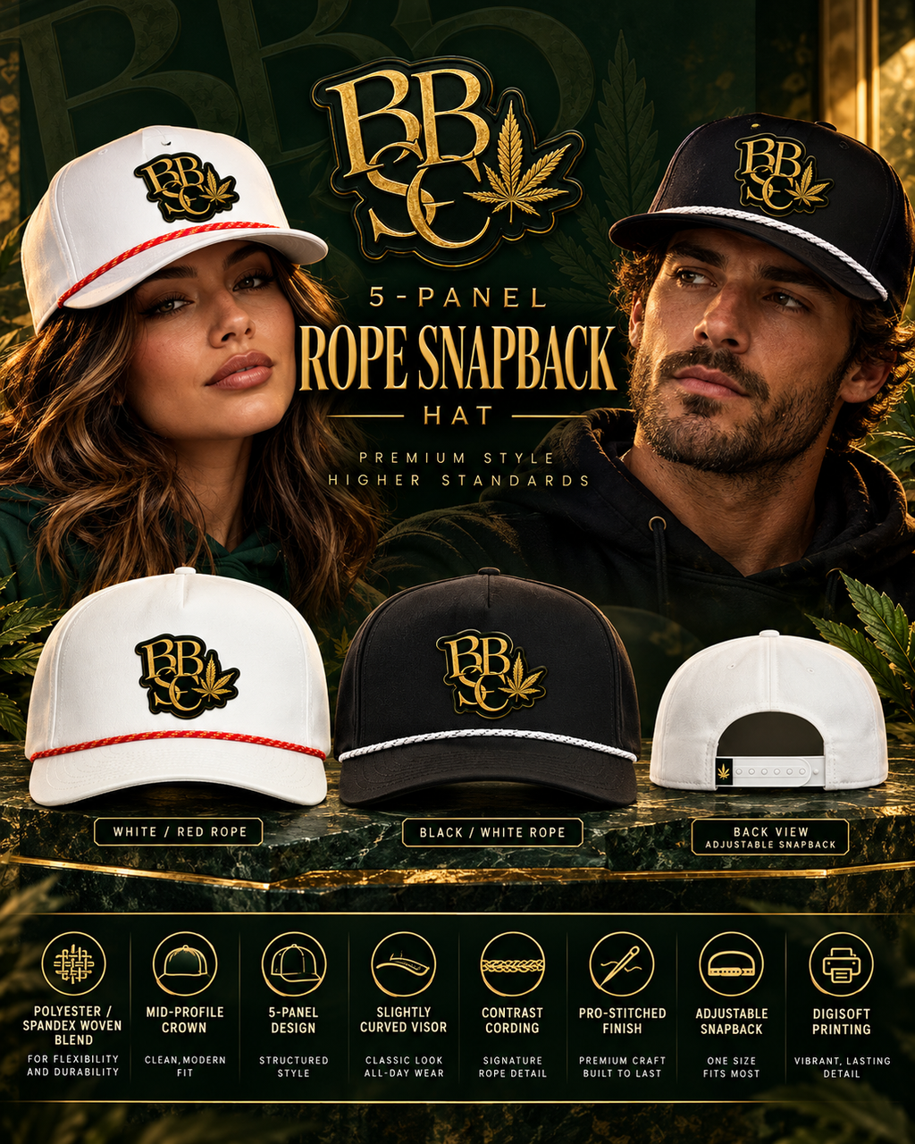 BBSC Golden Leaf 5-Panel Rope Snapback Hat