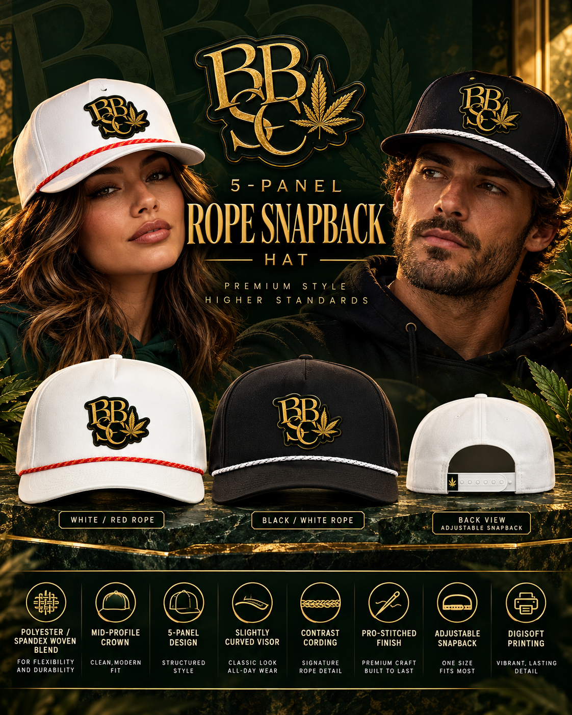 BBSC Golden Leaf 5-Panel Rope Snapback Hat