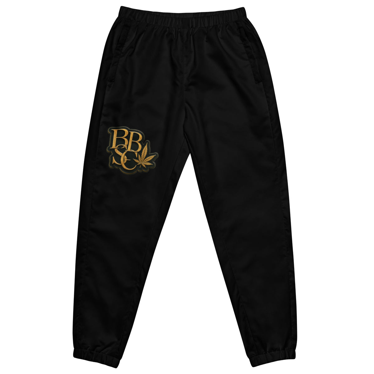 Black track pants — front