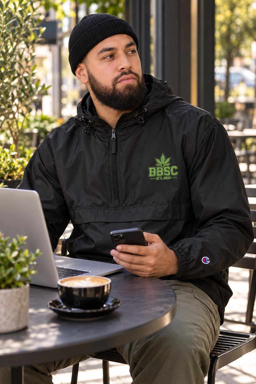 BBSC 309 Packable Champion Anorak black cafe work lifestyle mockup