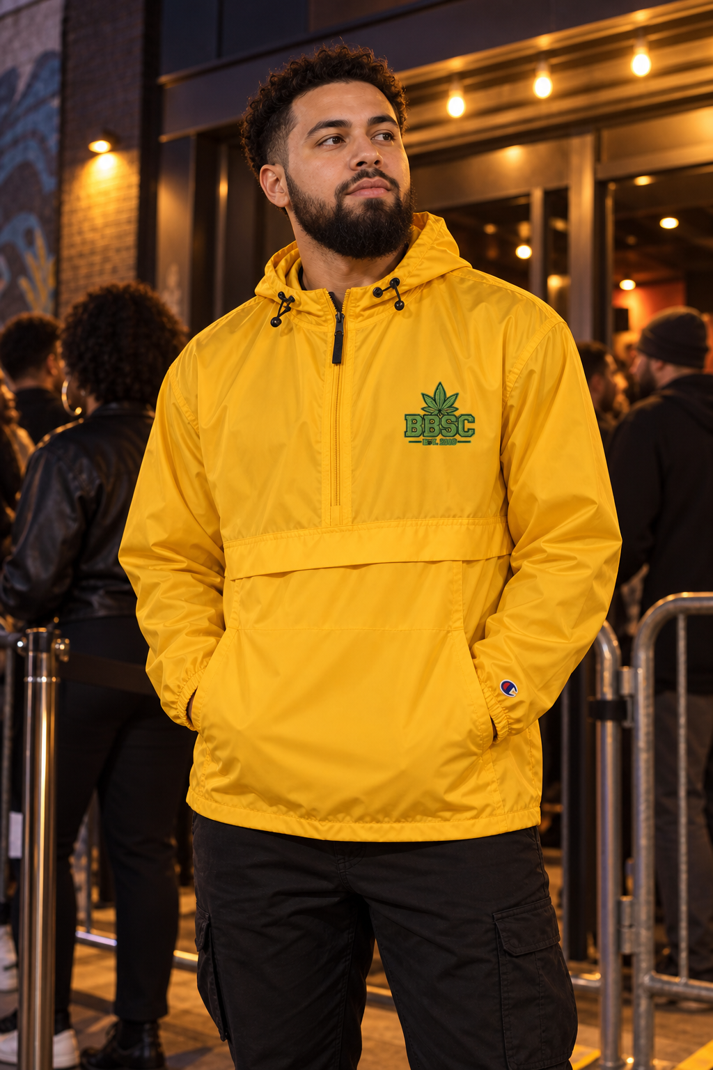 BBSC 309 Packable Champion Anorak gold evening event lifestyle mockup