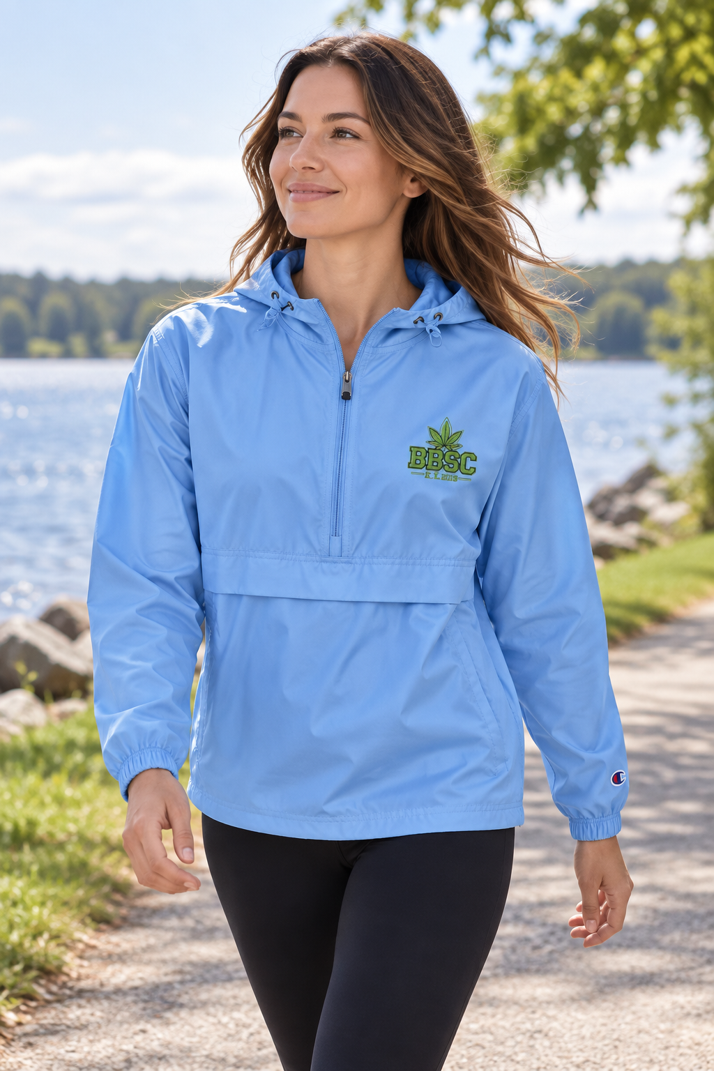 BBSC 309 Packable Champion Anorak light blue lakeside lifestyle mockup