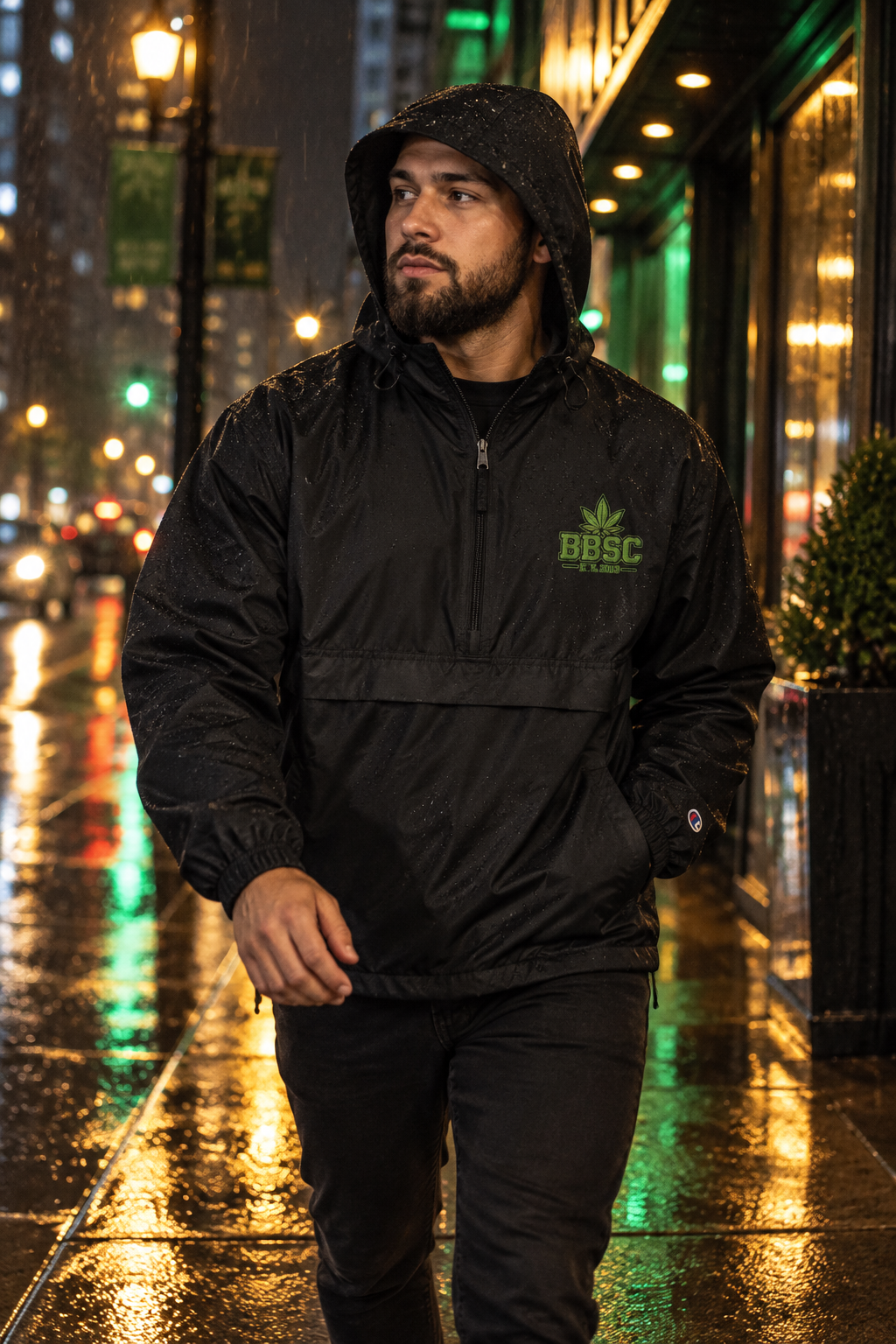 BBSC 309 Packable Champion Anorak black rain city lifestyle mockup