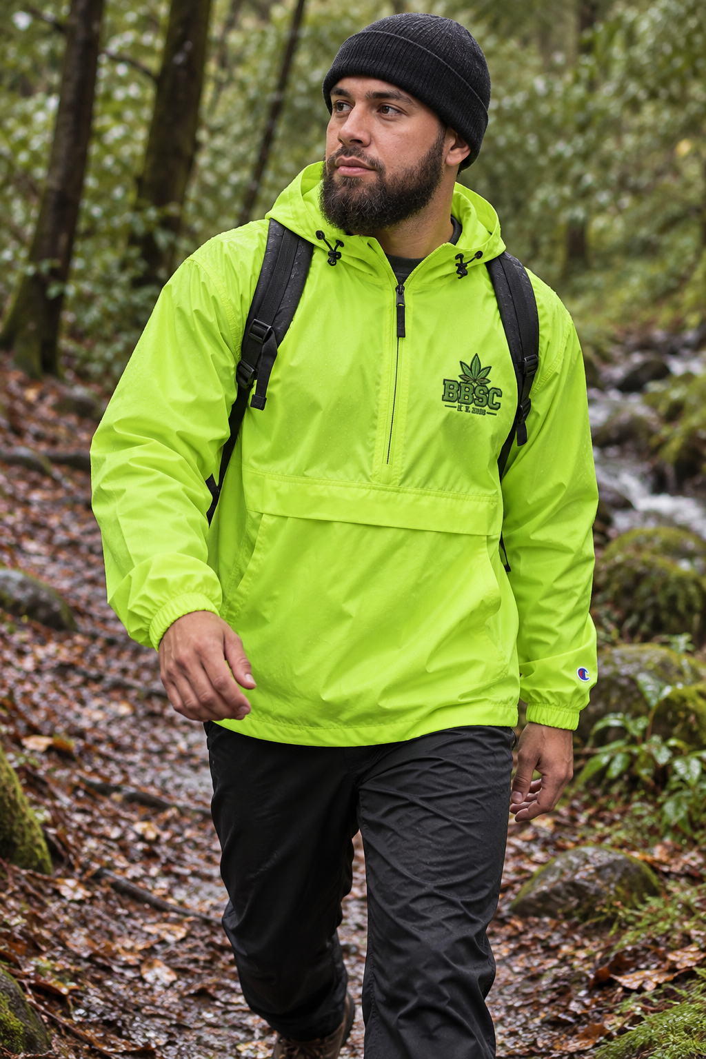 BBSC 309 Packable Champion Anorak safety green trail lifestyle mockup