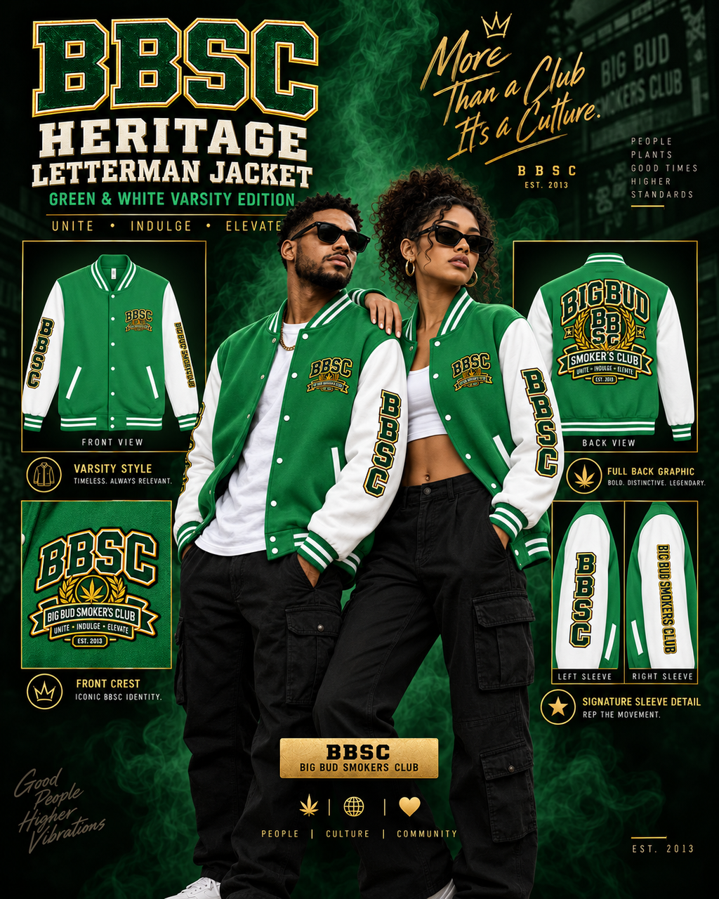BBSC Heritage Letterman Jacket green and white varsity campaign with male and female models and product detail views