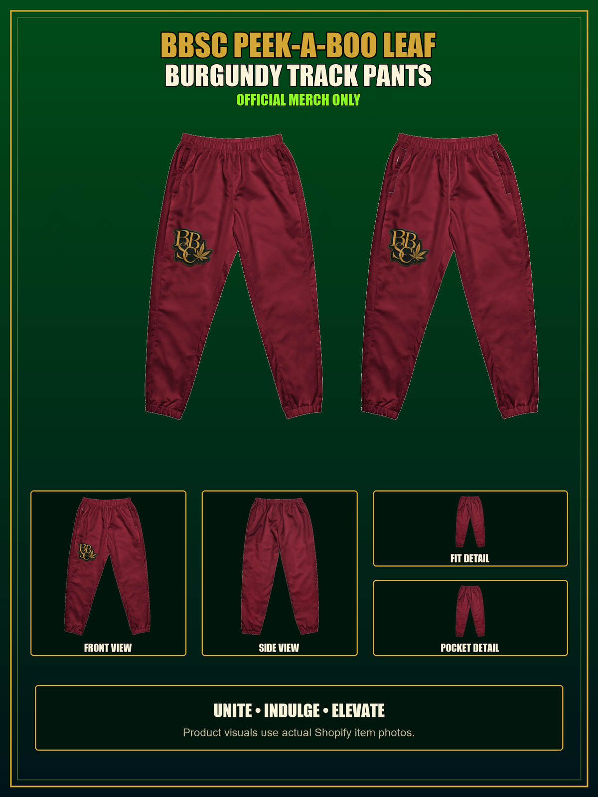 BBSC Peek-a-Boo Leaf Track Pants — Burgundy authentic BBSC product presentation