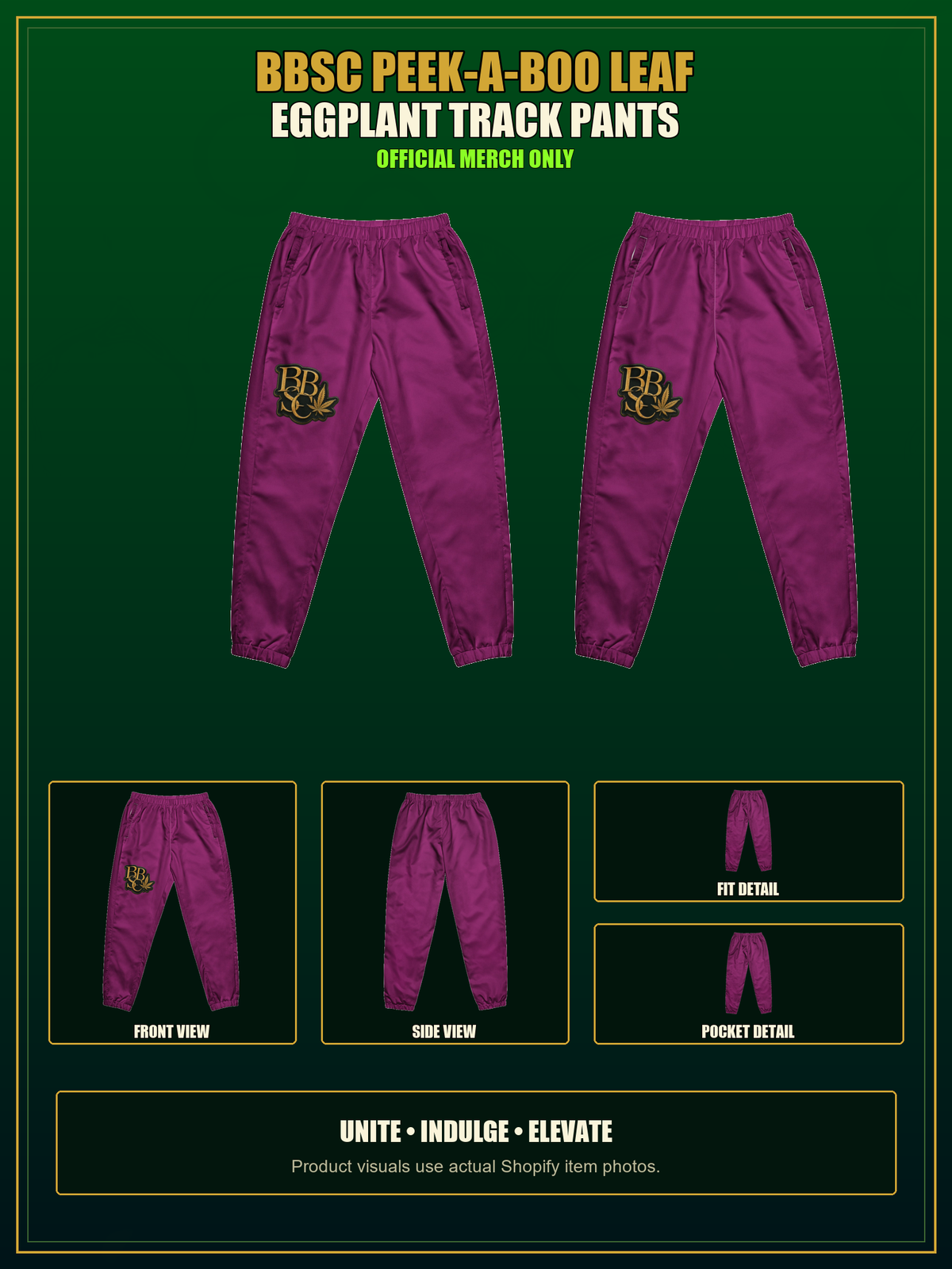 BBSC Peek-a-Boo Leaf Track Pants — Eggplant authentic BBSC product presentation