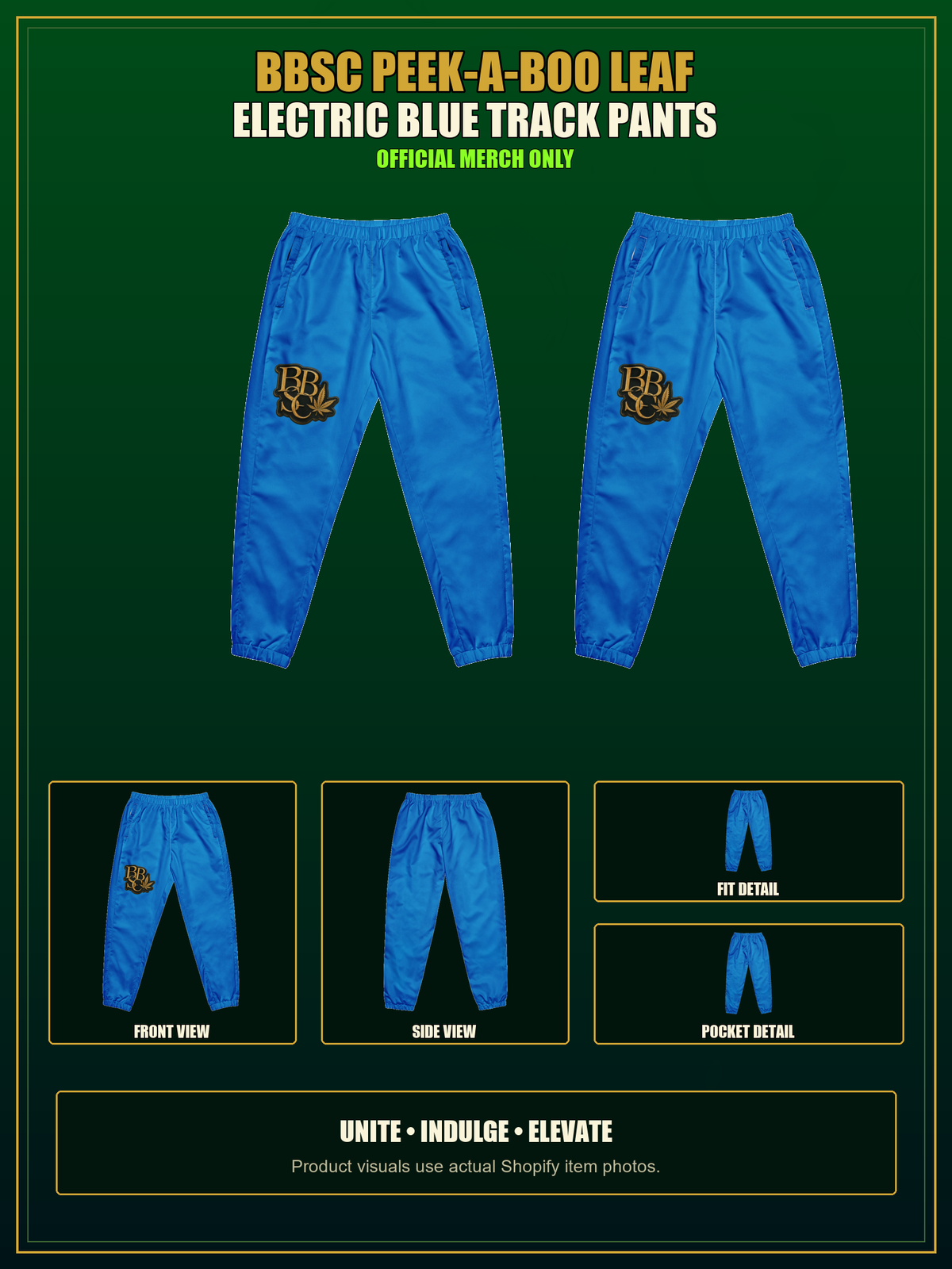 BBSC Peek-a-Boo Leaf Track Pants — Electric Blue authentic BBSC product presentation