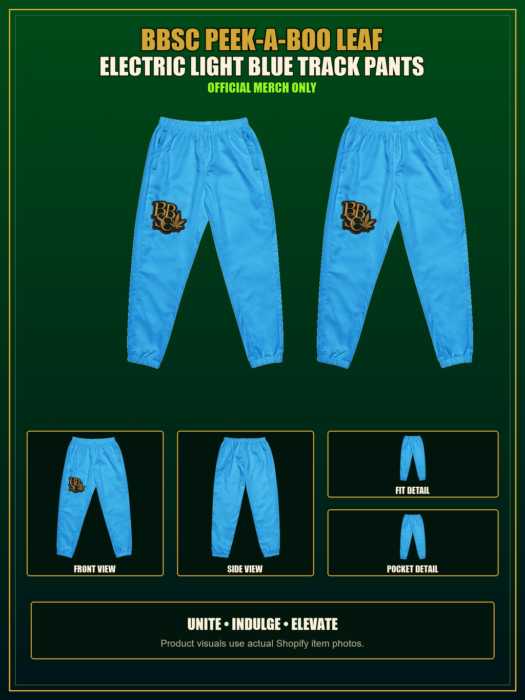 BBSC Peek-a-Boo Leaf Track Pants — Electric Light Blue authentic BBSC product presentation