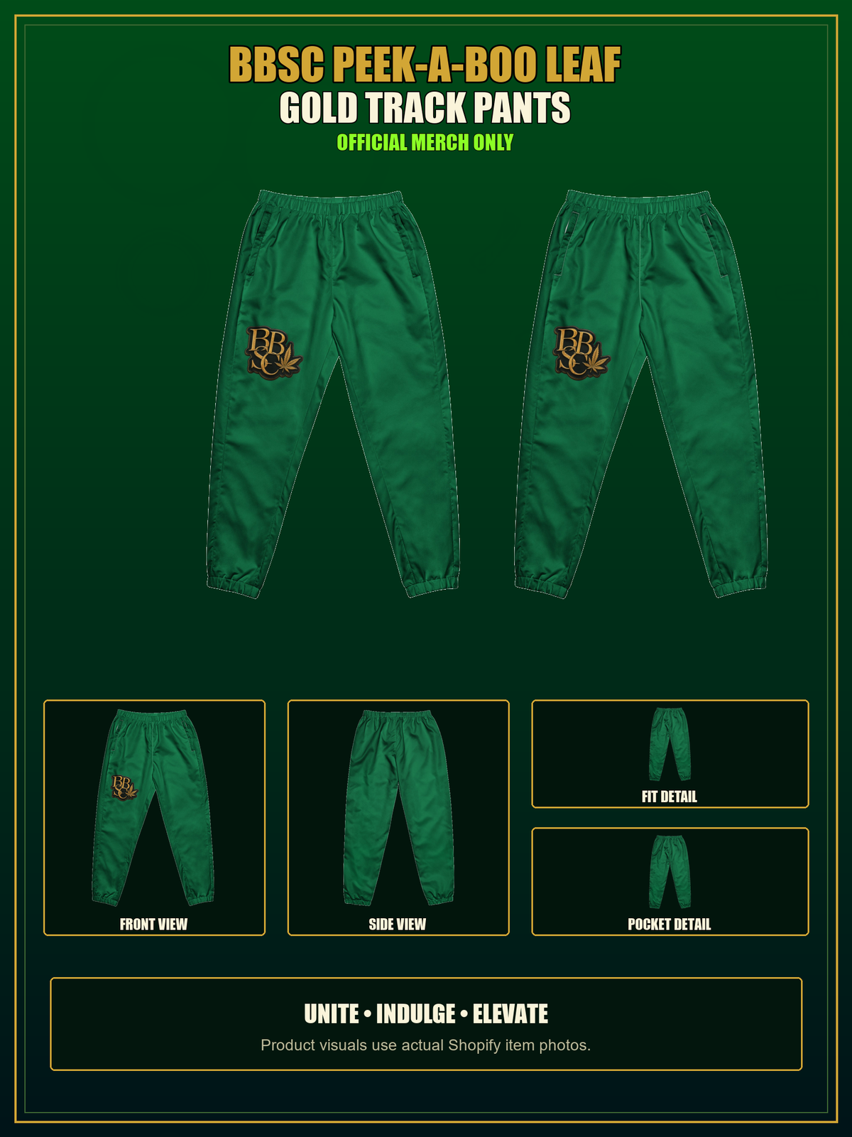 BBSC Peek-a-Boo Leaf Track Pants — Gold authentic BBSC product presentation