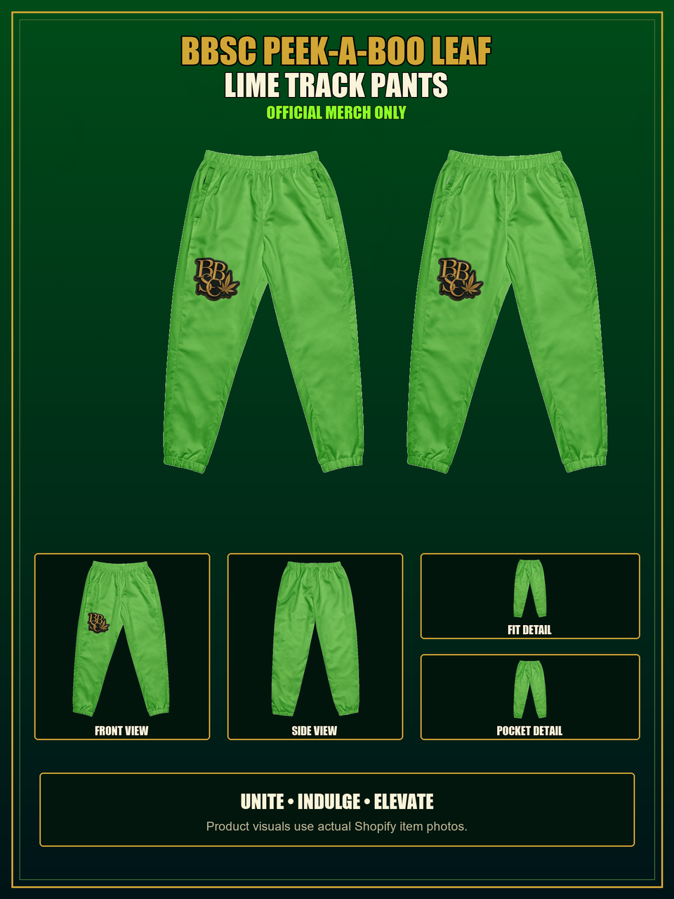 BBSC Peek-a-Boo Leaf Track Pants — Lime authentic BBSC product presentation