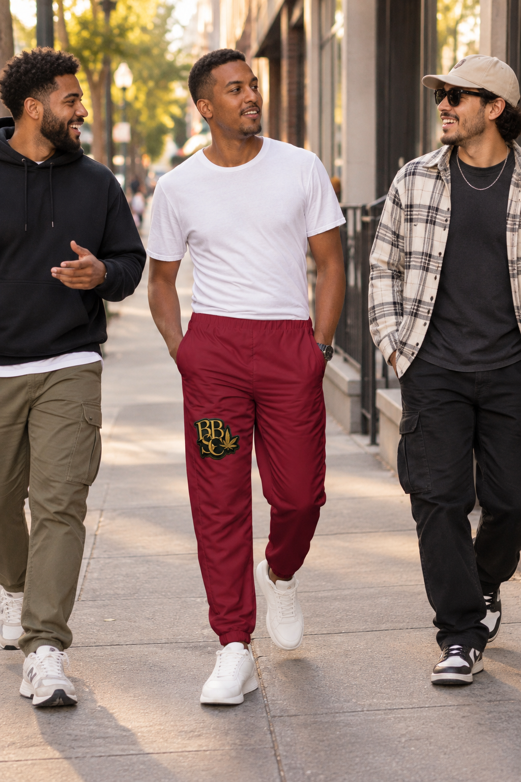 BBSC Peek-a-Boo Leaf Maroon Track Pants downtown lifestyle mockup