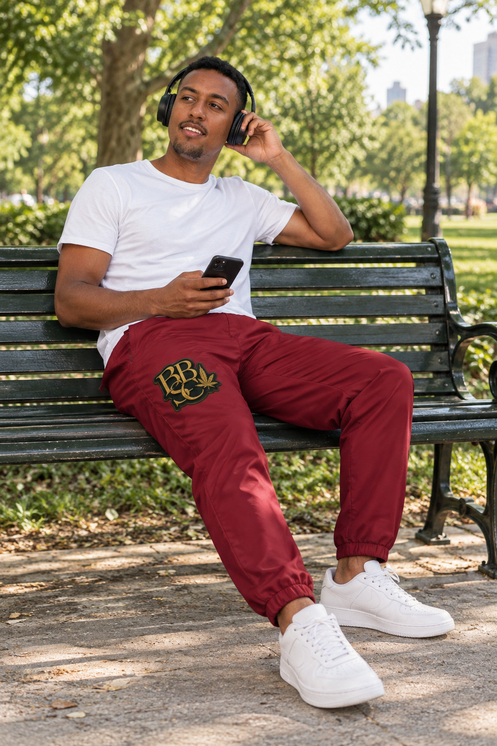 BBSC Peek-a-Boo Leaf Maroon Track Pants park lifestyle mockup