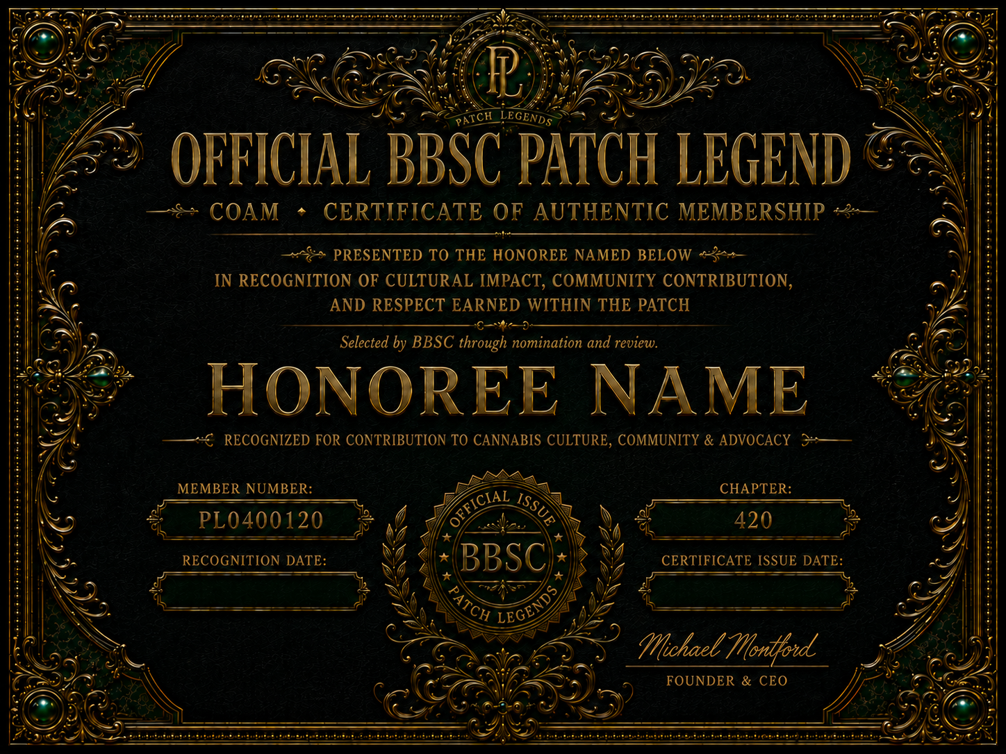 Official BBSC Patch Legend certificate artwork