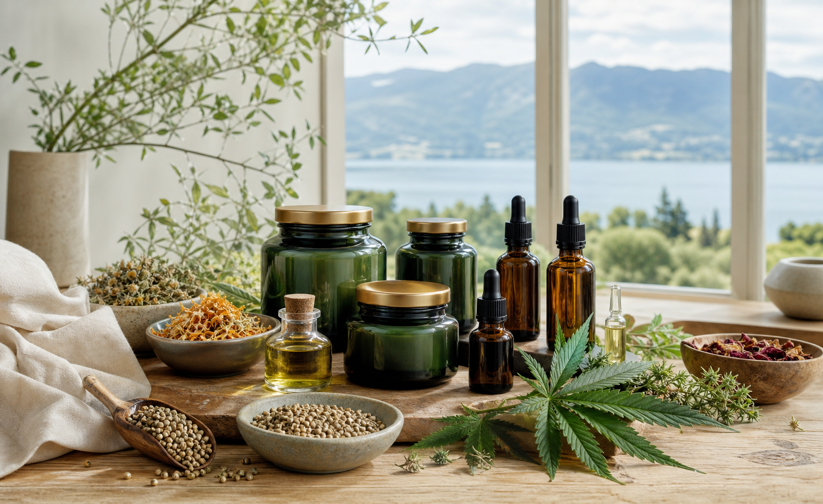 Mariceuticals Canadian hemp products beside Okanagan water and mountains
