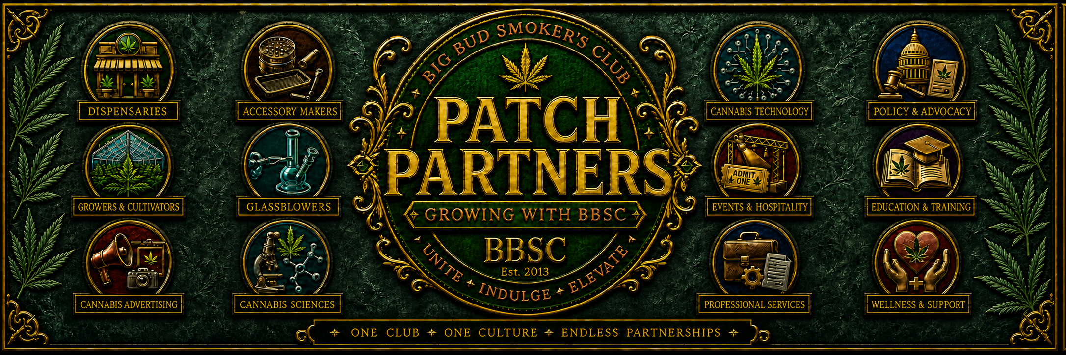 BBSC Patch Partners official banner with cannabis industry business icons